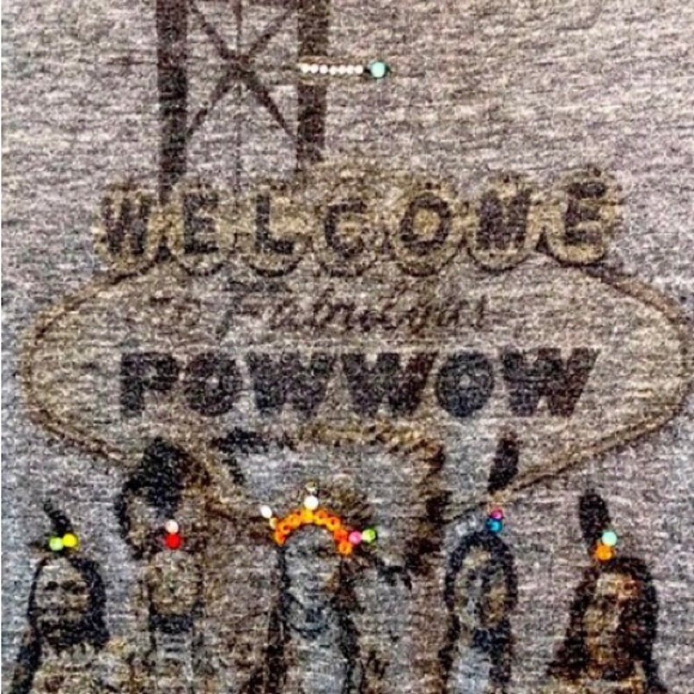“A Powwow Welcome” Native American gray t-shirt embellished with rhinestones - Picture 2 of 15